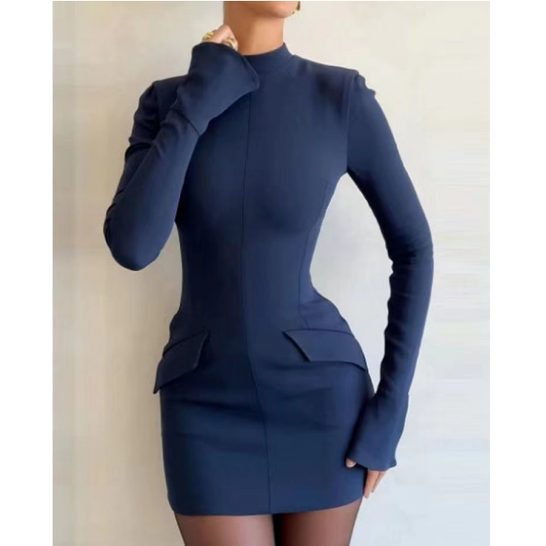 round-neck-long-sleeve-slim-solid-color-dress