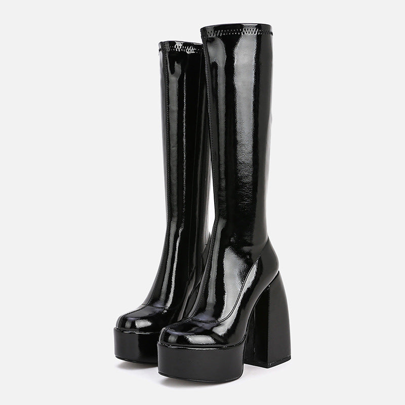 Tall Chunky Heel Round Toe Platform Stretch Boots Above Knee