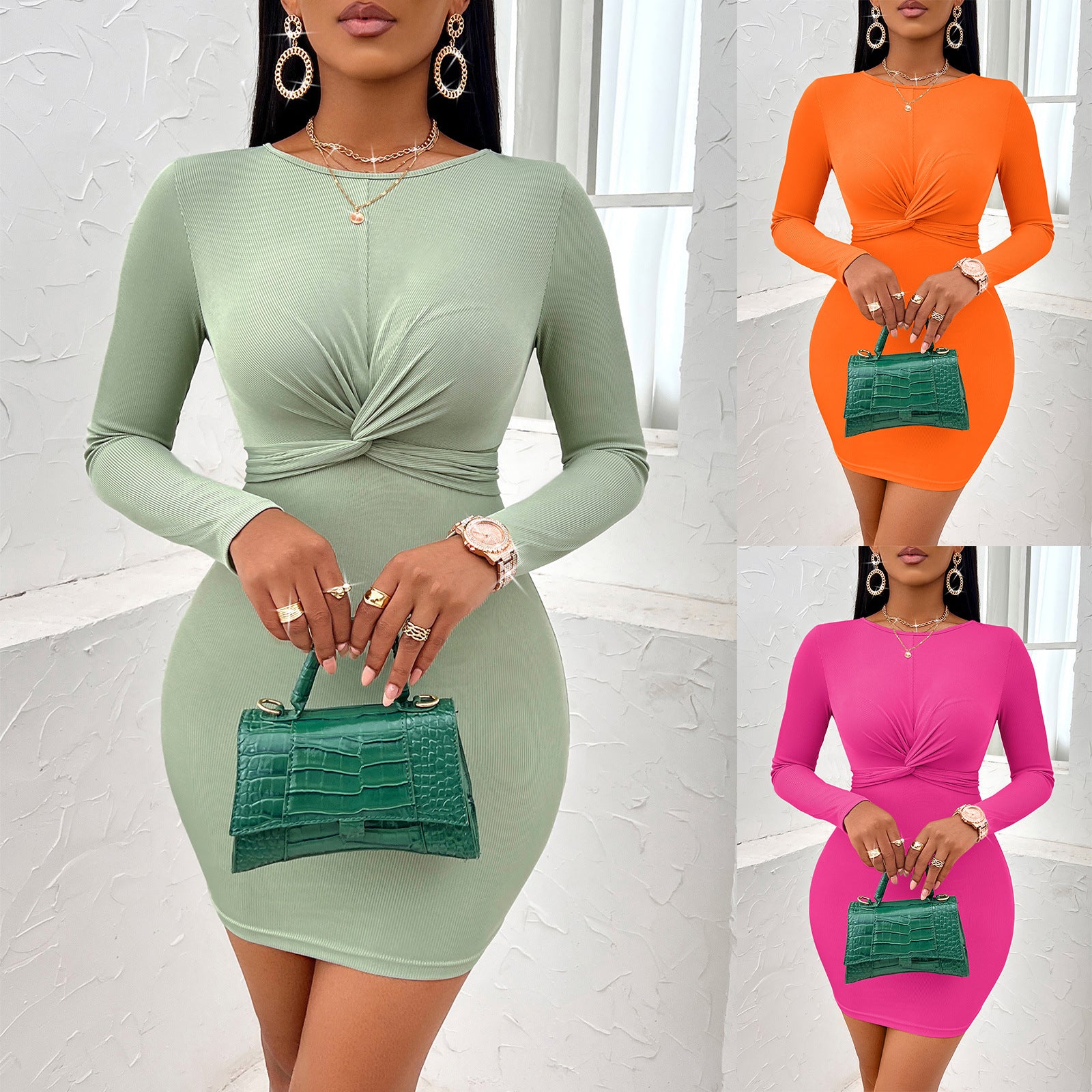 Solid Color Twist Long Sleeve Dress