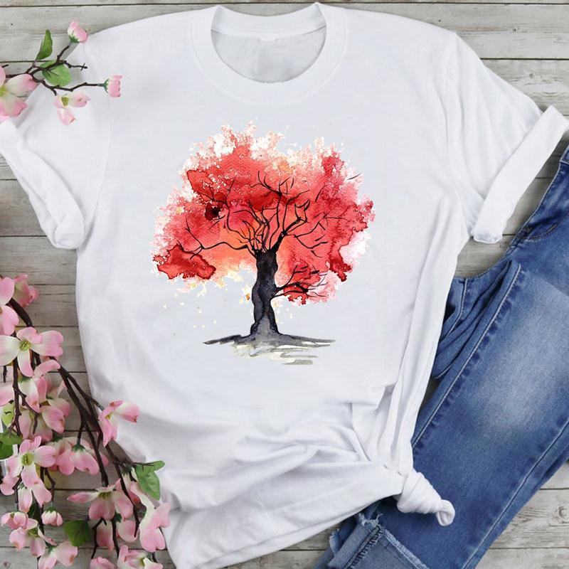 T-shirt Women's Printed Short Sleeve Datura Flower Floral Print White Round Neck