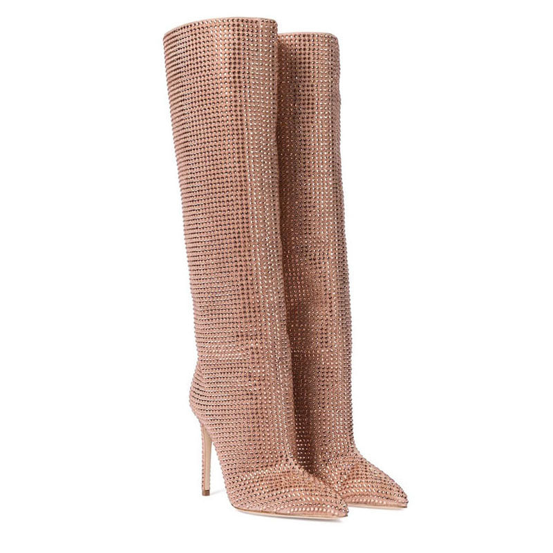 Pointed Toe Cashmere Solid Color Women's Rhinestone Stiletto High Heel Knee Boots