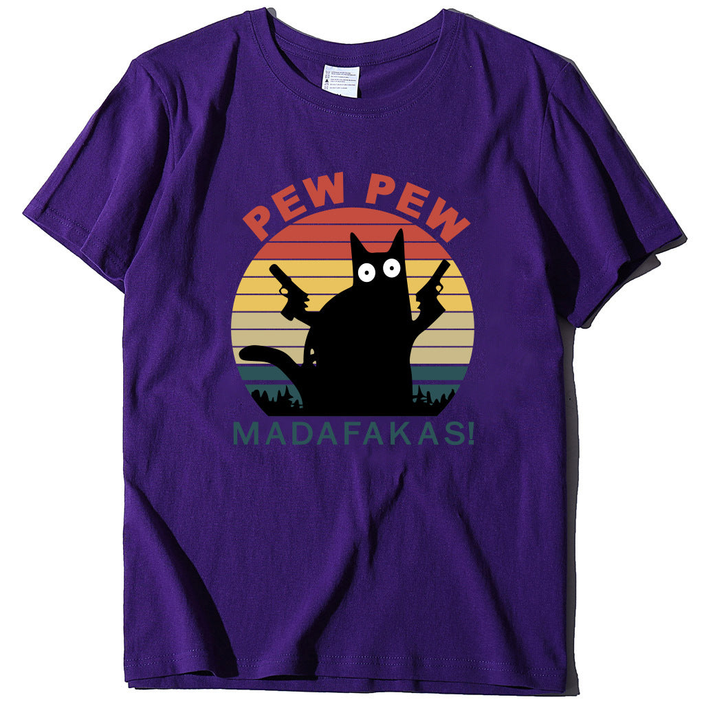 Letter Cat Novelty Print Round Neck T-Shirt Short Sleeve