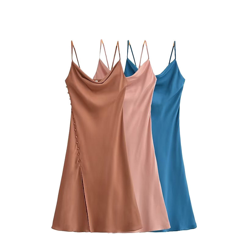 French Backless Fastener Decoration Satin Texture Sling Dress