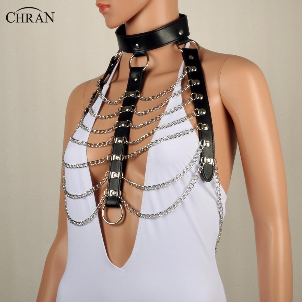 Chran Leather Harness Bondage Beach Chain Collar Goth Choker Shoulder Necklace Jewelry Accessories Erotic Lingerie Wear CRBJ821