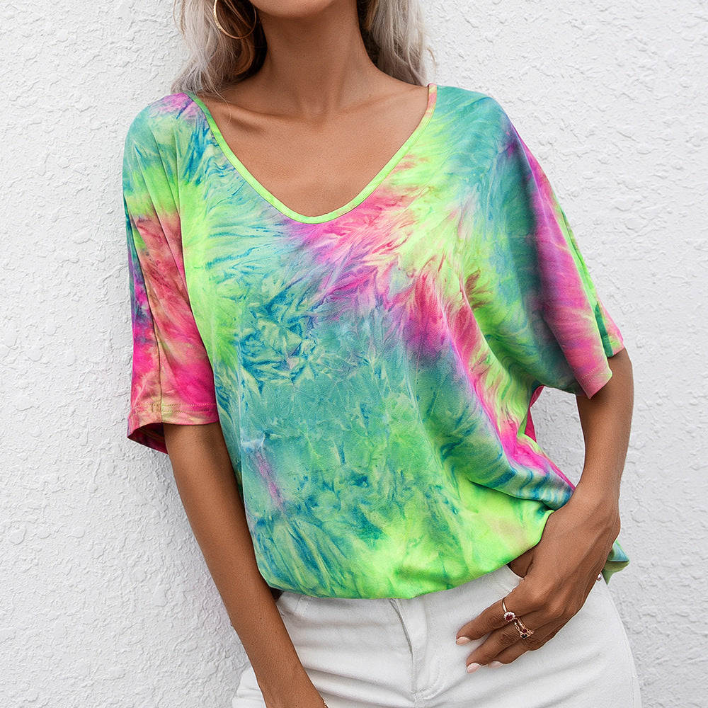 Casual Tie Dye Print Colorful Loose Round Neck Short Sleeve T-Shirt Women