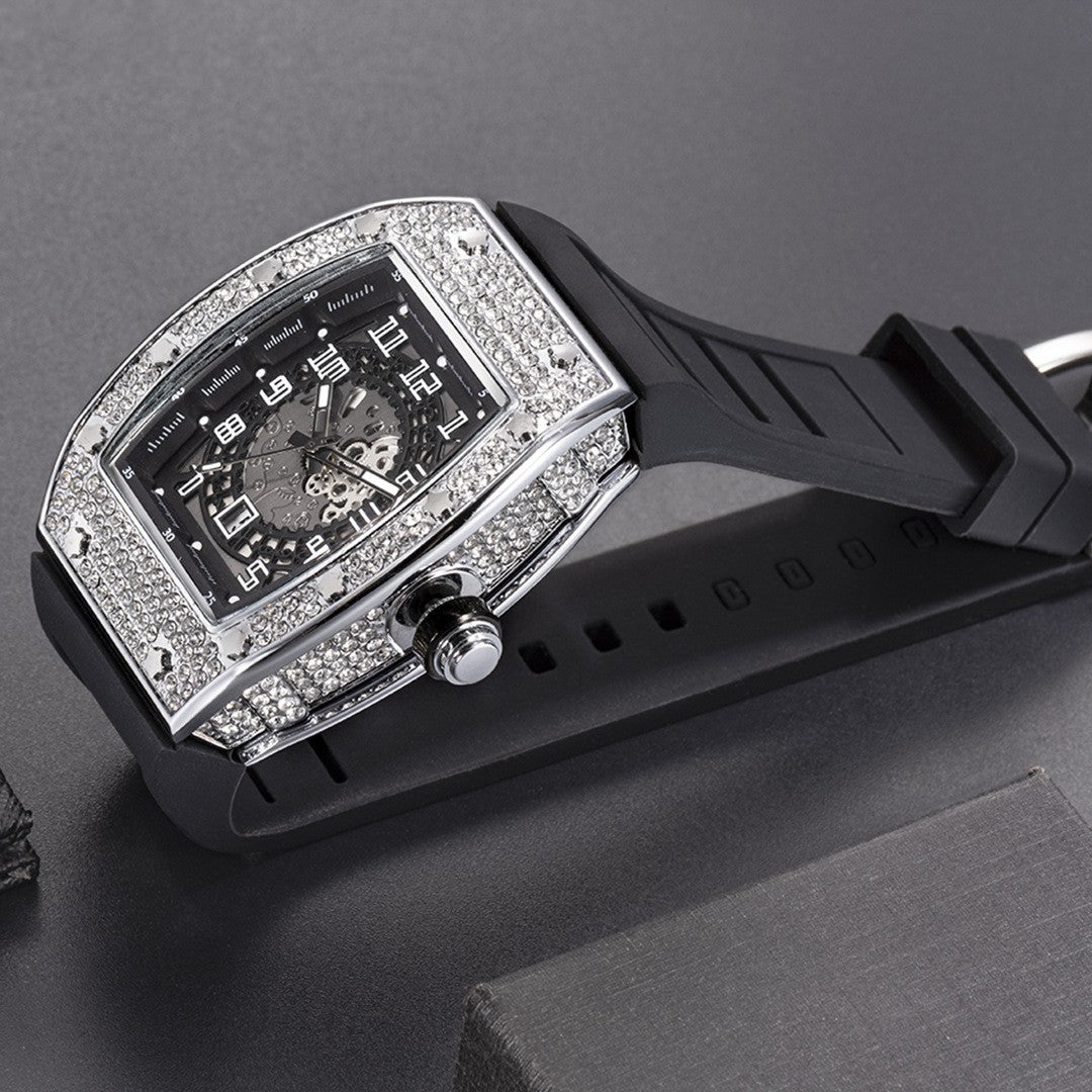 Full Diamond Tonneau Silicone Band Quartz Men's Watch