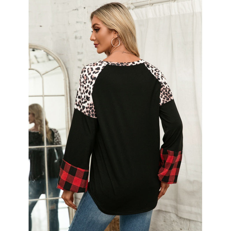 Casual Leopard Print Colorblock Long Sleeve Crewneck T-Shirt