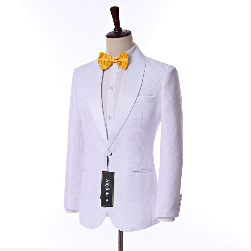 Custom Size Jacquard Groomsmen White Groom Tuxedos Shawl