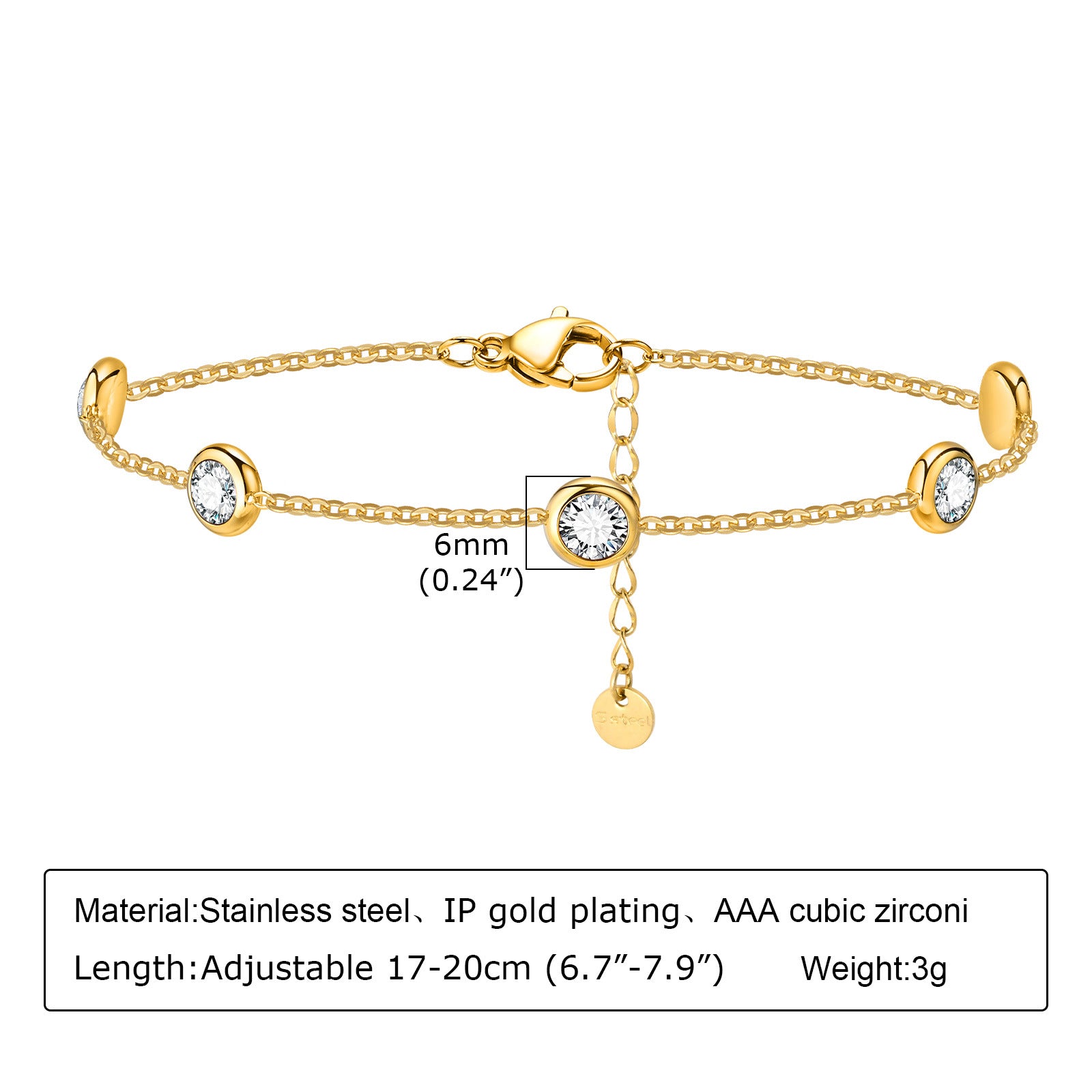 Stainless Steel White Colorful Zircon Geometric Bracelet Gold