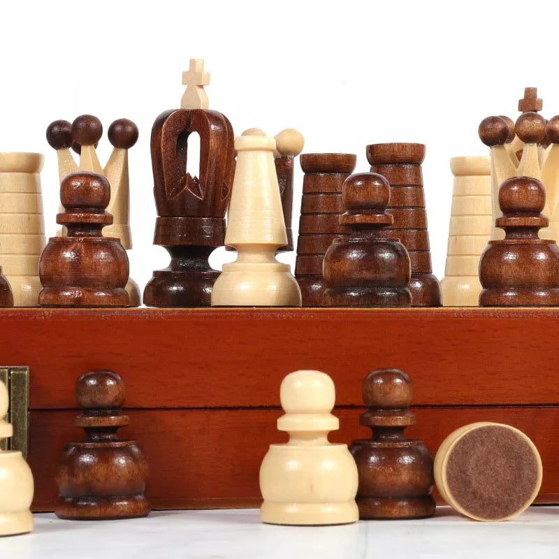 Large Folding Portable Solid Wood Polish Art Fancy Openwork Chess Set Wooden Chessboard Pieces