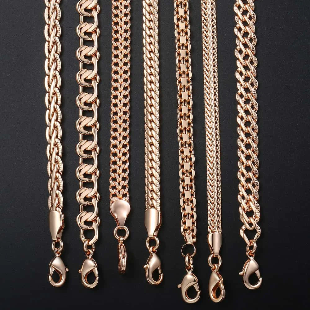 Set of 7 Necklaces: 585 Rose Gold Color Curb Weaving Chains, 50cm and 60cm Lengths for Men and Women