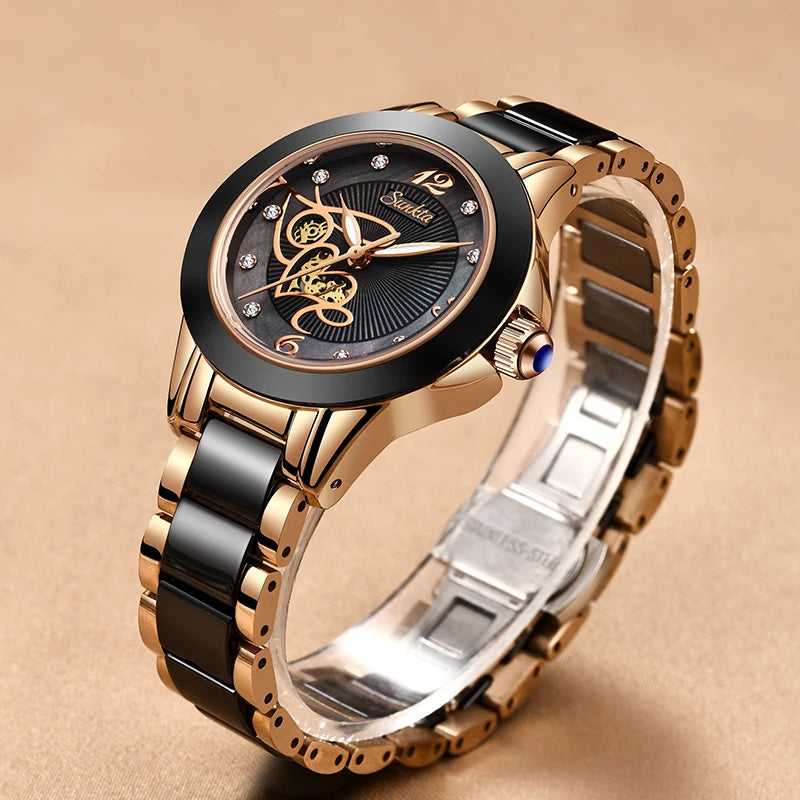 SUNKTA Luxury Black Ceramic Diamond Women's Watch