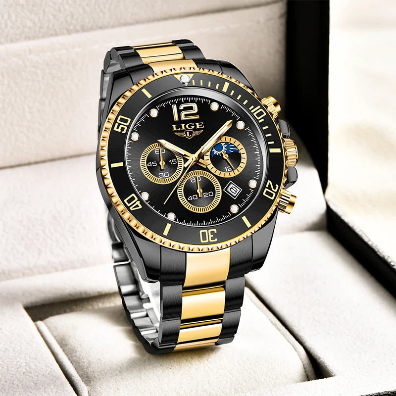 LIGE Men's Luxury Stainless Steel Watch: 24Hour Moon Phase, Waterproof Chronograph - LIGE 8924