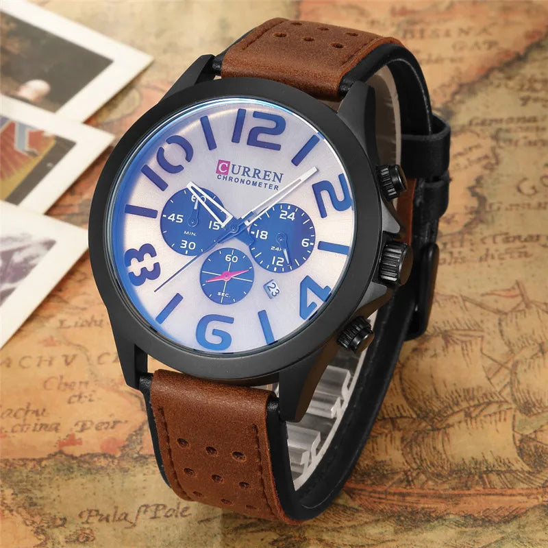 CURREN Men's Luxury Waterproof Quartz Watch with Date, Leather Strap - 8244L