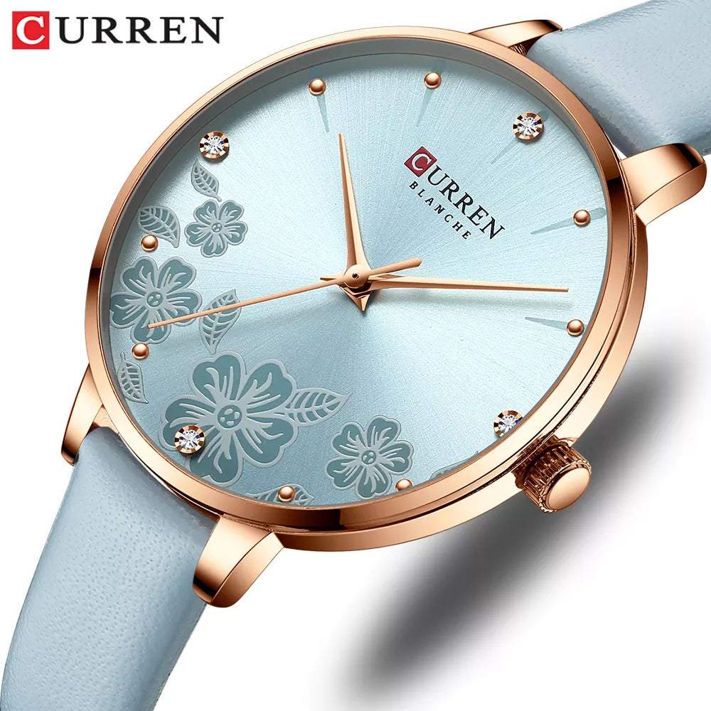 CURREN Women's Leather Quartz Watch with Flower Dial - 9068
