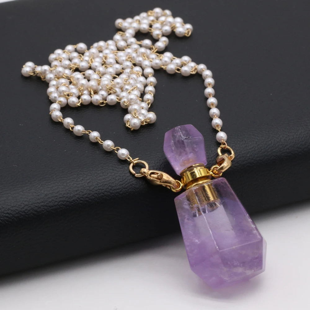 Natural Perfume Bottle Pendant Necklace Amethysts Rose Quartzs Essential Oil Diffuser Pendant Pearl Chain Necklace Women Jewerly