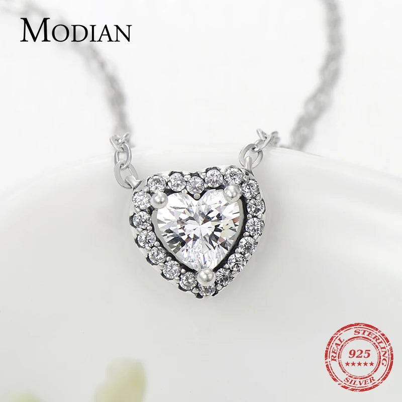 Modian 925 Silver Heart Earrings and Necklace Set