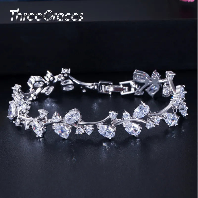 ThreeGraces Silver Leaf and Flower Cubic Zirconia Bridal Bracelet