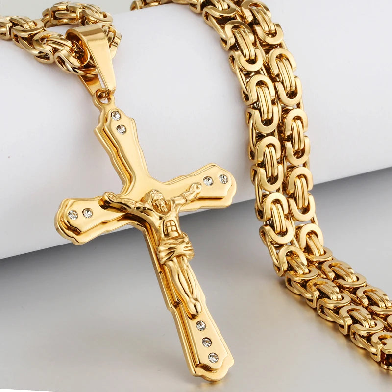 Stainless Steel Crystal Jesus Cross Pendant Necklace with Byzantine Chain