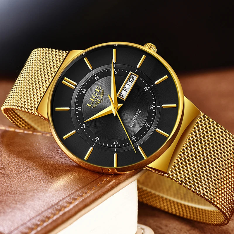 LIGE 2023 Men's Ultra Thin Quartz Watch with Steel Mesh Strap