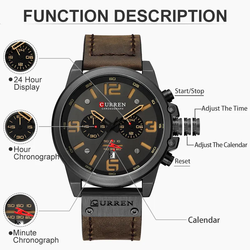 CURREN Men's Chronograph Quartz Watch: Waterproof, Sporty, Genuine Leather. - 8314