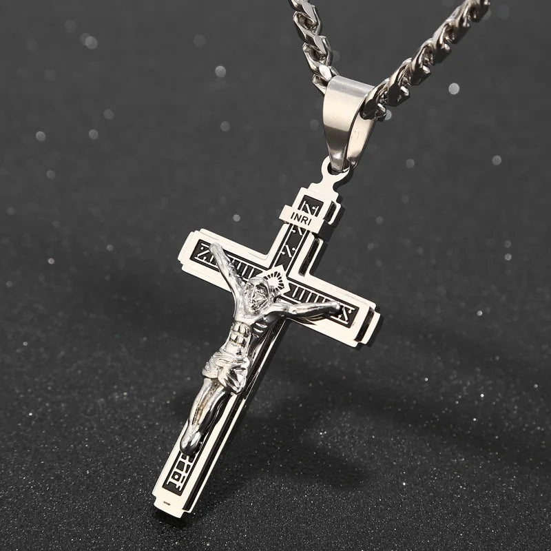 Multilayer Crucifix Necklace with 24'' Chain - Stainless Steel