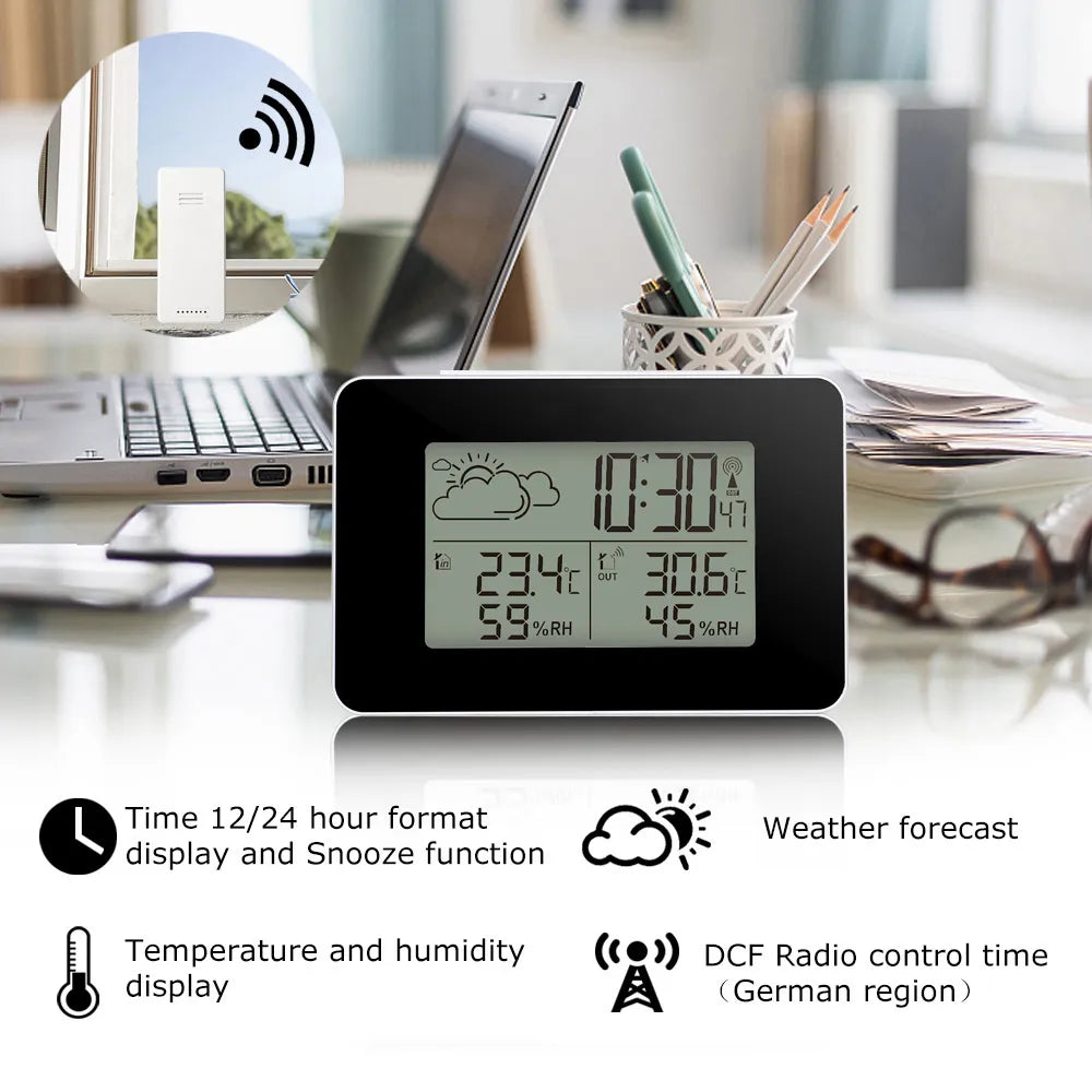 FanJu FJ3364 Digital Alarm Clock Weather Station Wireless Sensor Hygrometer Thermometer Watch LCD Time Desktop Table Clocks