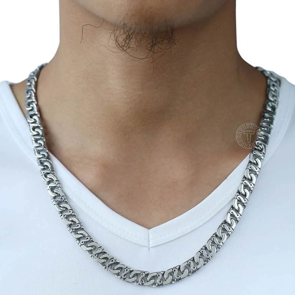 Bold Silver Tone Biker Marina Chain Necklace, 9.5mm Stainless Steel