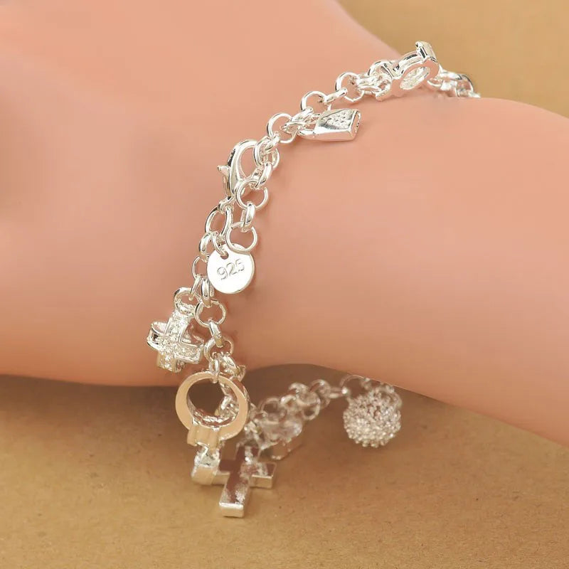 925 Sterling Silver Charm Bracelet with Cross, Moon, Heart, and Clock Pendants