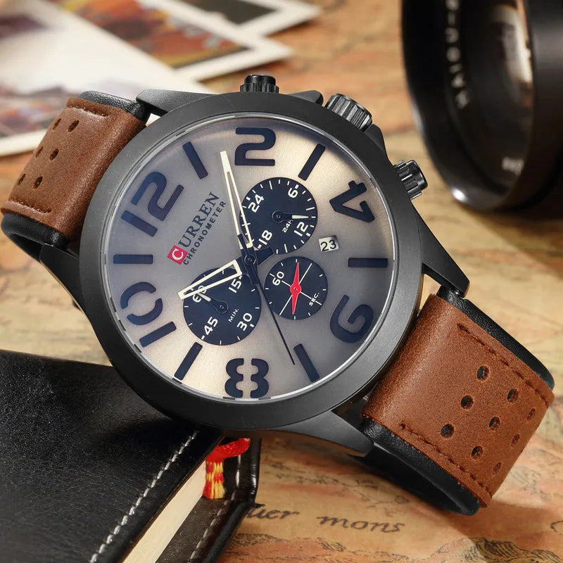 CURREN Men's Luxury Waterproof Quartz Watch with Date, Leather Strap - 8244L