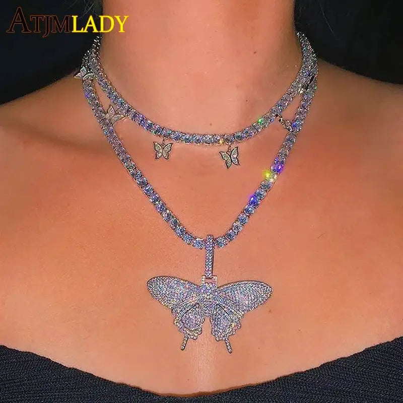 New Heart Arrow 5mm CZ Tennis Chain With Luxury Drip Butterfly Charm Choker Necklaces Iced Out Bling Hip Hop Women Jewelry