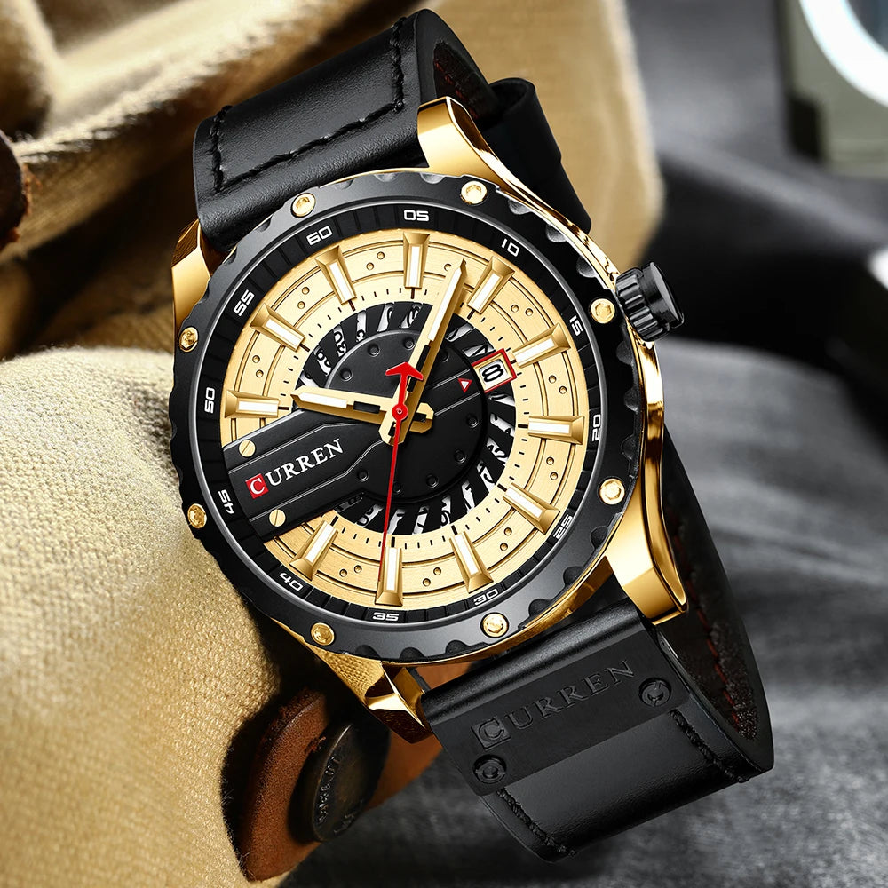 CURREN Men's Fashion Leather Quartz Watch with Luminous Hands - 8374