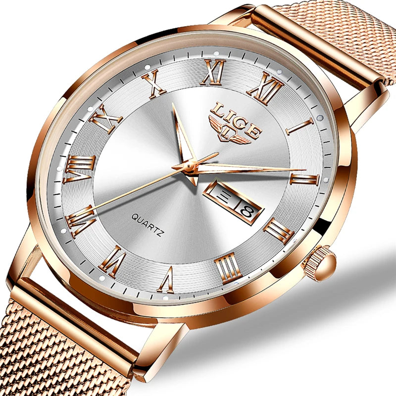 LIGE Women's Ultra-Thin Rose Gold Quartz Watch with Mesh Strap