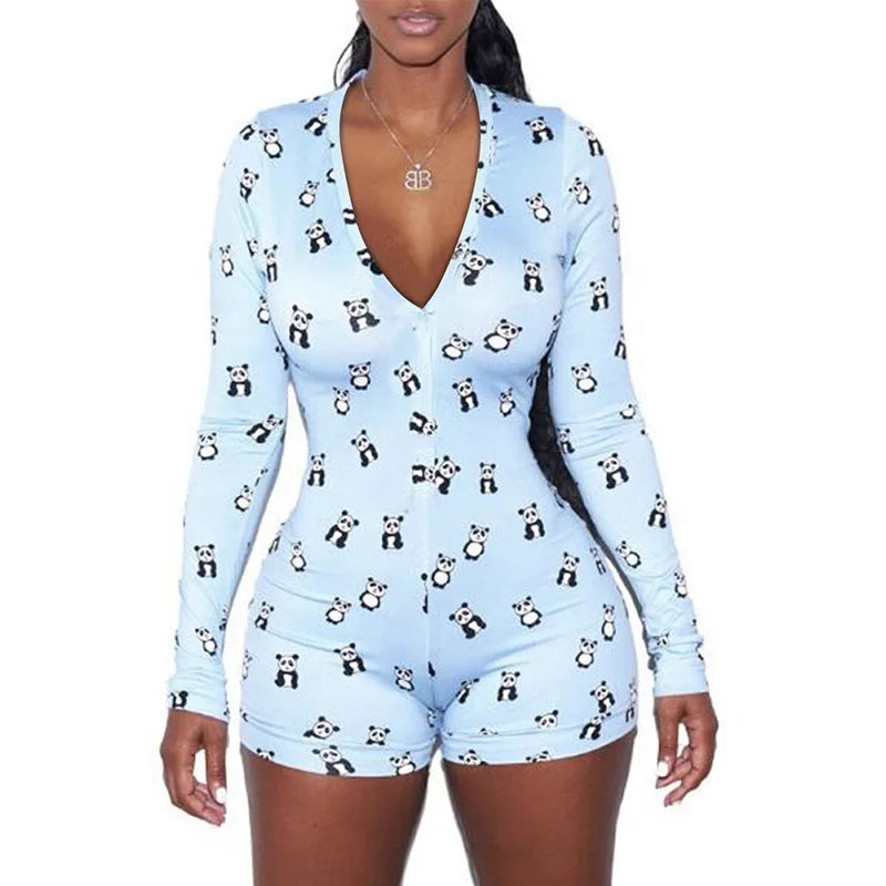 Sexy Women Onesie Underwear Bodysuit Long Sleeve Button Deep V Neck Bodycon Stretch Leotard Short Romper Pajamas Overalls