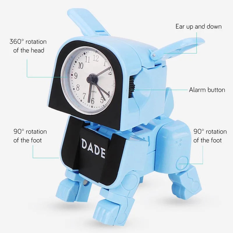 Cute Boy Kids Alarm Clock Cartoon Robot Dog Desk Clock Funny Reversible Toy Bedroom Wake Up Clock Travel Desktop Needle Clocks