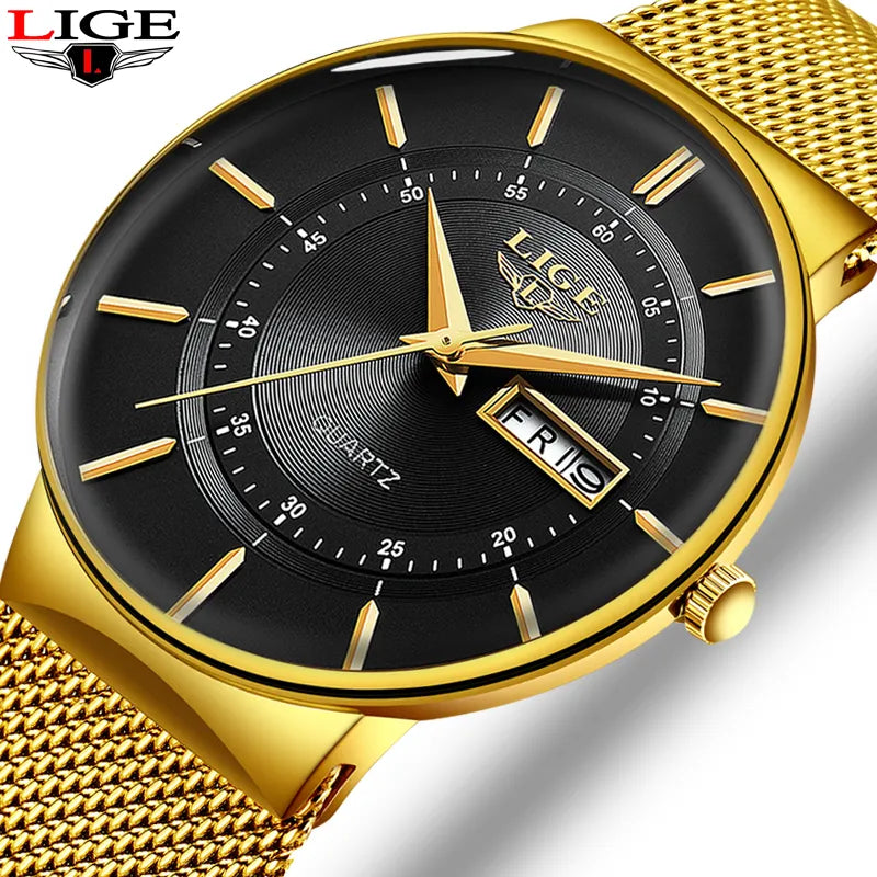 LIGE 2023 Men's Ultra Thin Quartz Watch with Steel Mesh Strap