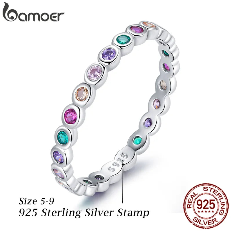 bamoer 925 Sterling Silver Multicolor Zircon Finger Ring for Women Trendy Fashion Dazzling CZ Stone Anillos Jewelry Gift