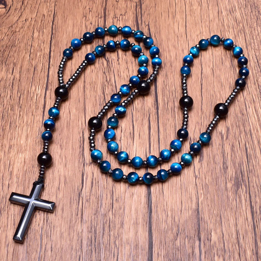 Light Blue Tiger Eye Onyx Rosary Bead Necklace with Hematite Cross