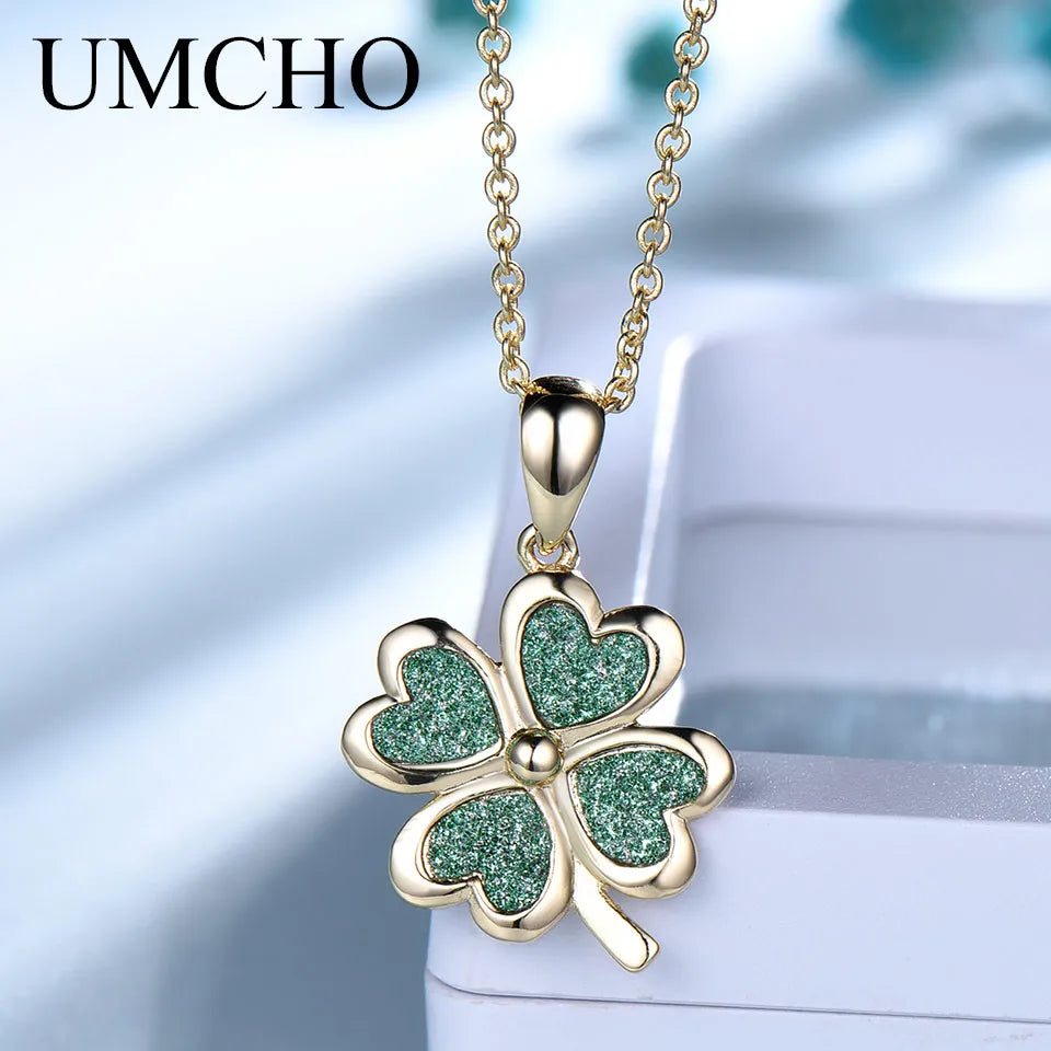 UMCHO Real 925 Sterling Silver Necklace Lucky Four Leaf Clover Pendants Necklaces For Women Party Gift Fine Jewelry With Chain