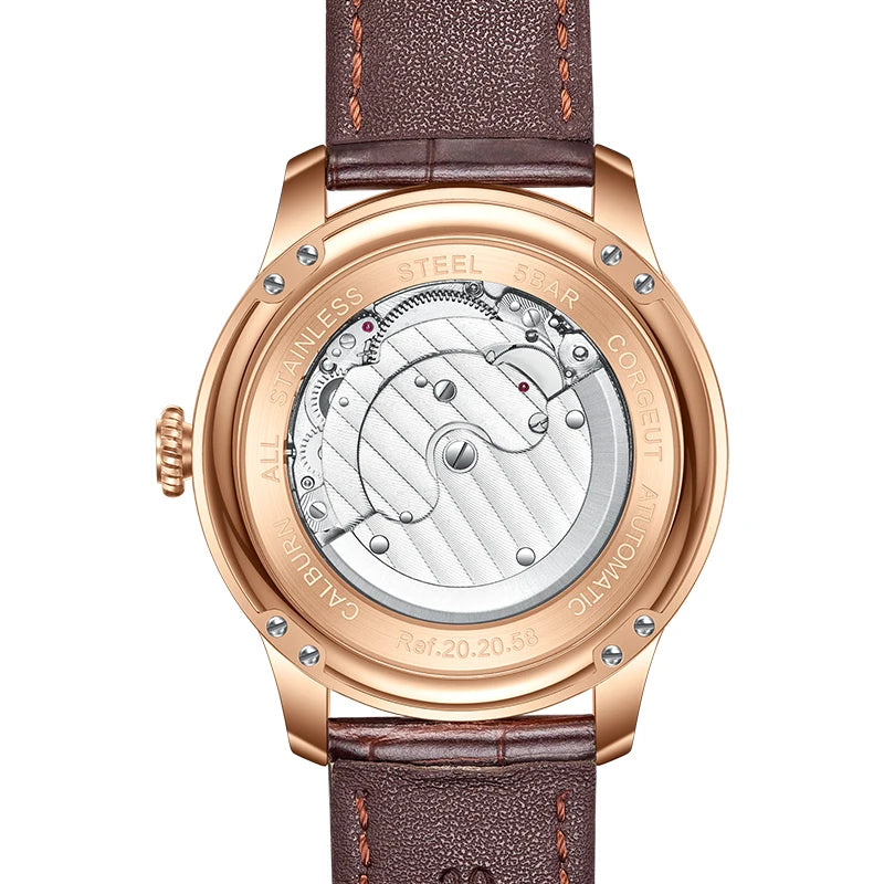 Corgeut Men's Rose Gold Mechanical Watch Seagull Automatic