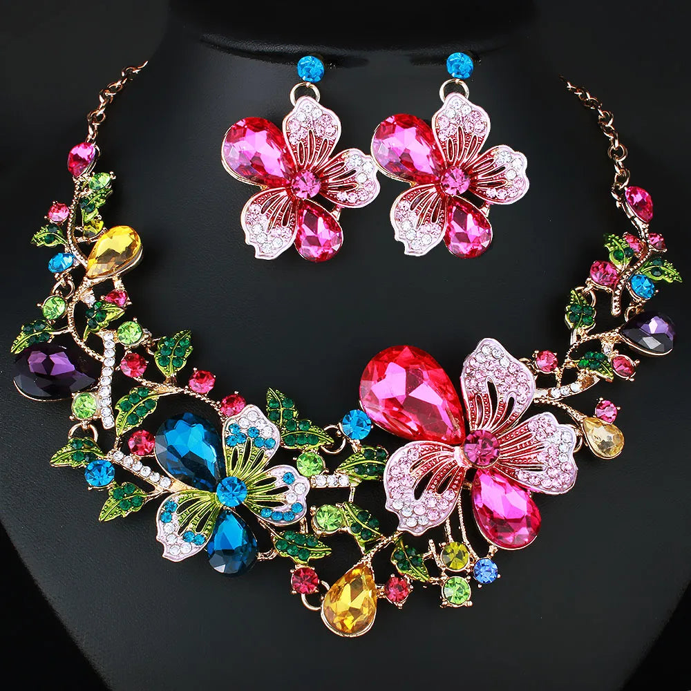 Wedding Jewelry Set with Color Crystal Rhinestones, Necklace and Earrings