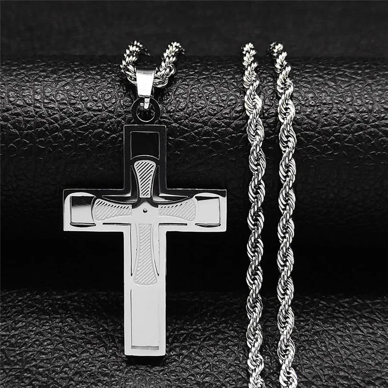 Big Cross Jesus Stainless Steel Necklace, Gold Long Chain