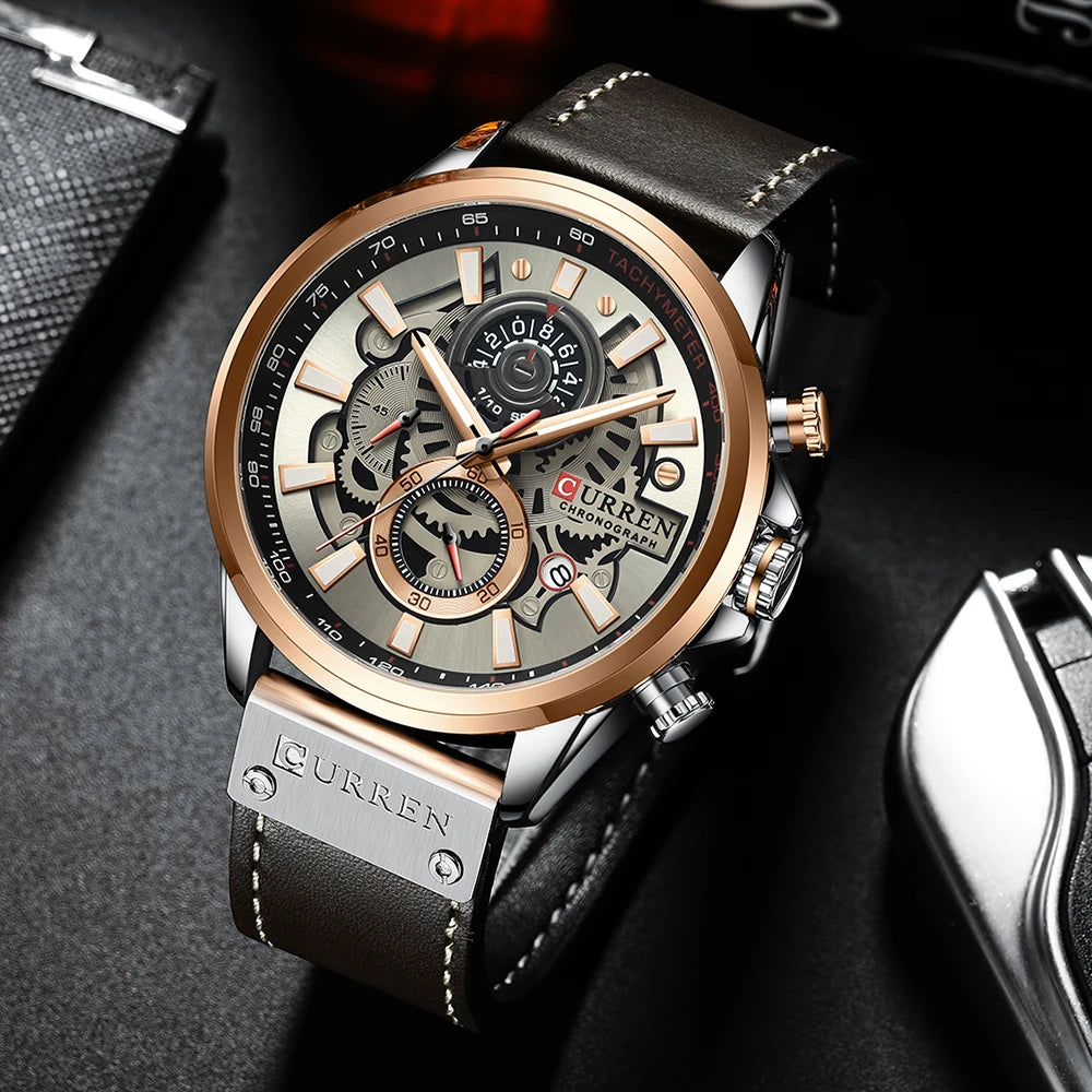 CURREN Men's Luxury Casual Leather Sport Chronograph Watch - 8380