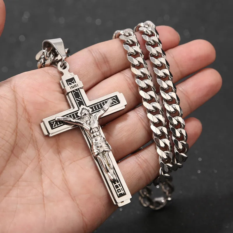 Multilayer Crucifix Necklace with 24'' Chain - Stainless Steel