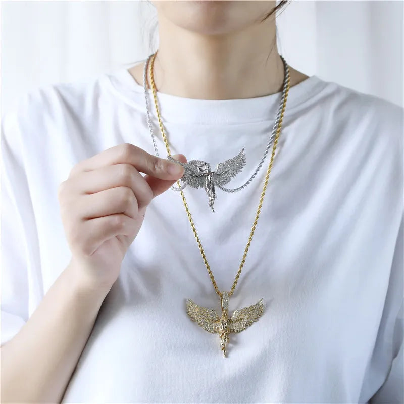 Hip Hop Iced Out Cubic Zirconia Angel Wings Necklace