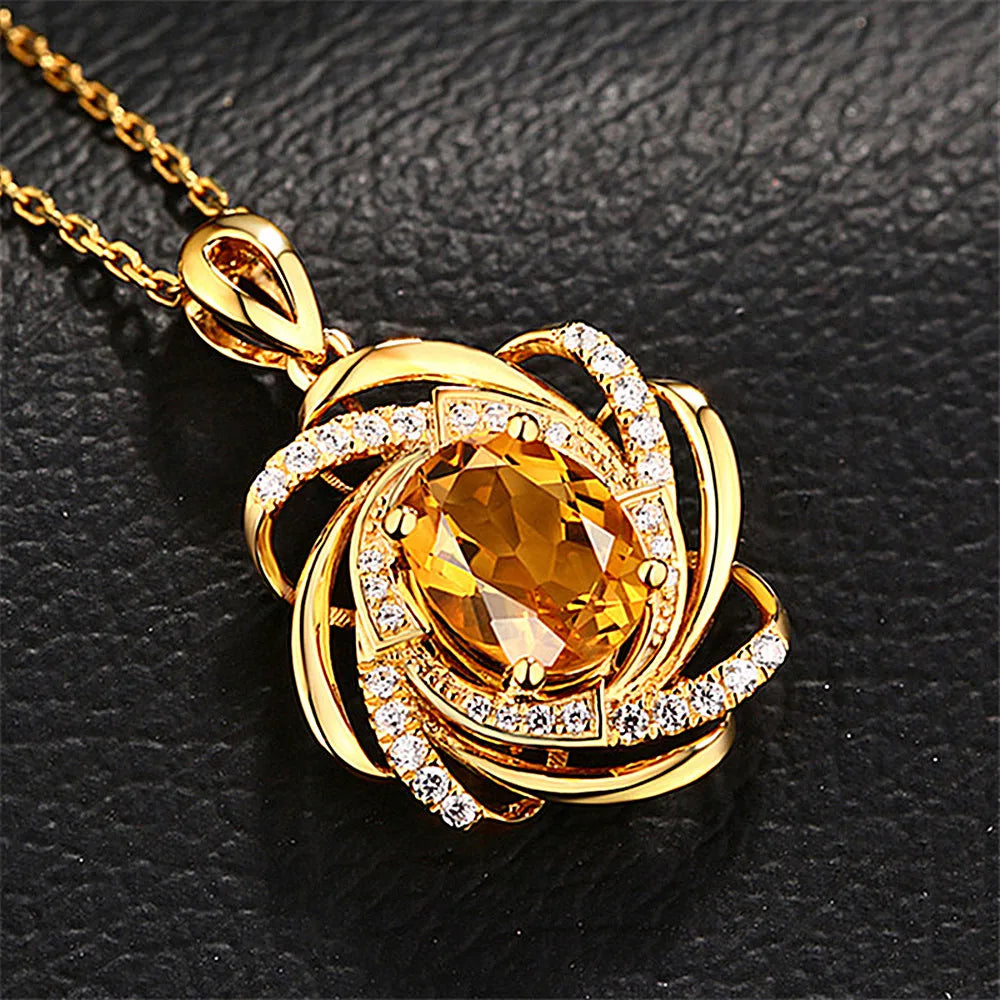 Yellow Citrine Pendant Necklace with Diamonds, Gold Tone Choker Chain