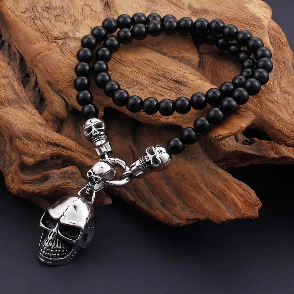 Fongten Glass Rosary Bead Skull Pendant Necklace for Men