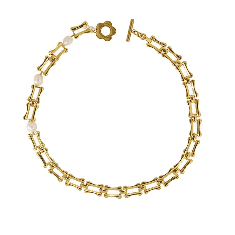 18K Gold Flower Pearl Choker Necklace