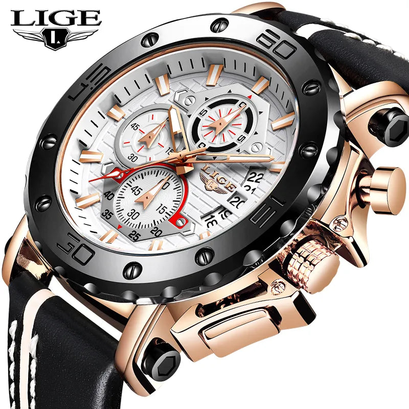 LIGE Men's Watches: Sport Leather Watch with Date, Waterproof Quartz Chronograph