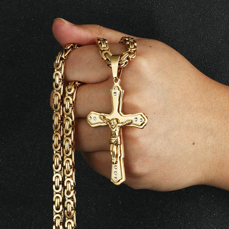 Stainless Steel Crystal Jesus Cross Pendant Necklace with Byzantine Chain